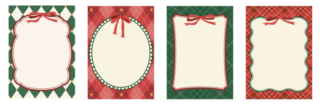 Collection of four vintage Christmas card templates featuring red and green plaid patterns, decorative frames, and blank copy space for holiday greetings, invitations, posters, and seasonal designs.. 