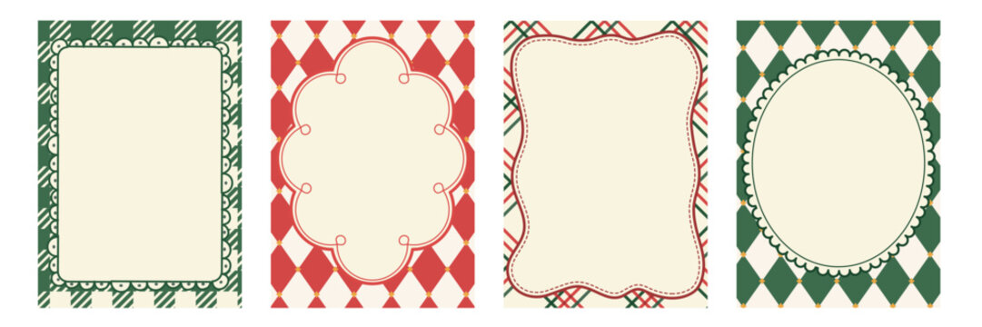 Collection of four vintage Christmas card templates featuring red and green plaid patterns, decorative frames, and blank copy space for holiday greetings, invitations, posters, and seasonal designs.