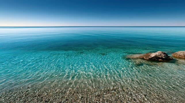 Serene Sea View with Clear Turquoise Water and Smooth Rocks on Tranquil Shoreline Under Cloudless Sky