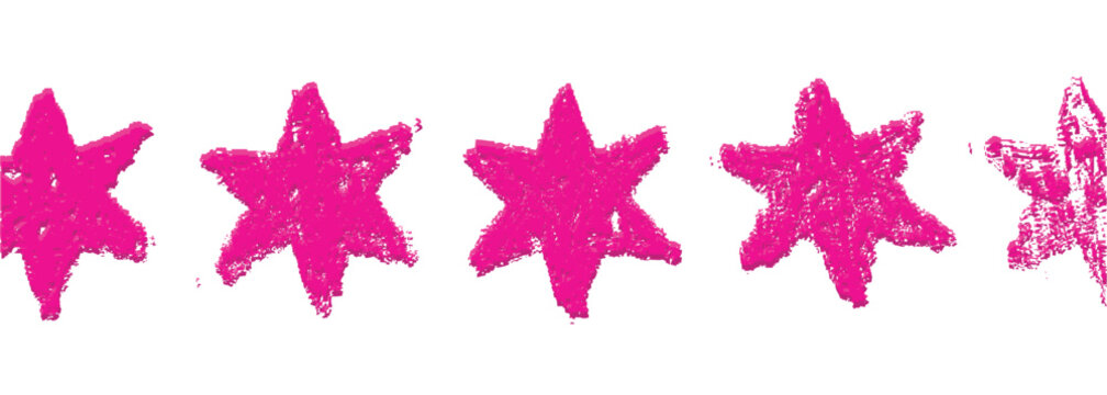 A horizontal row of five vibrant pink stars drawn in crayon style as a decorative icon set for artistic creative design