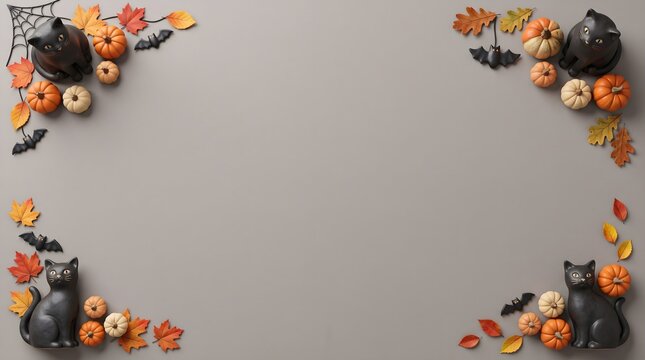 Halloween background with pumpkins and black cats arranged in corners on a grey surface
