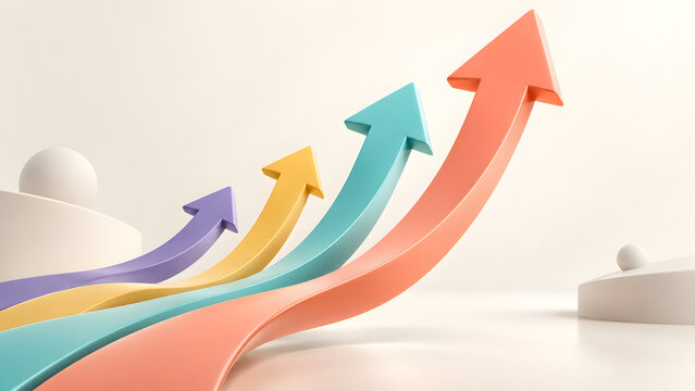 Four colorful arrows pointing upward representing financial growth success and business development progress in 3D minimalist style on light background