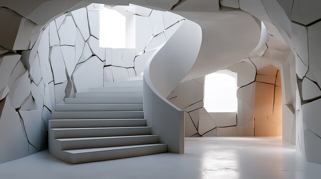 Modern abstract interior design with white cracked walls and a curved staircase illuminated by natural light