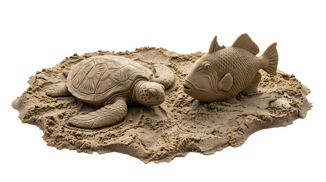 Realistic sand sculpture of two sleeping cats on a sandy surface.