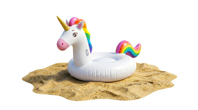 Colorful unicorn inflatable float on golden sand beach.