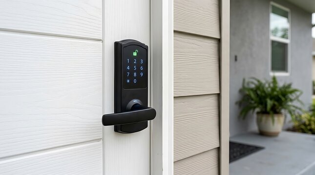 Modern smart electronic door lock with illuminated digital keypad mounted on white residential exterior entry door