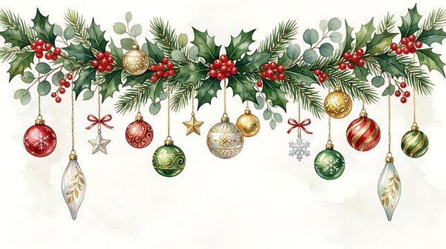 Watercolor christmas garland with hanging baubles and winter pine branches