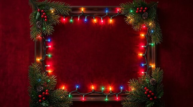 Christmas frame made of pine branches and colorful glowing lights with christmas