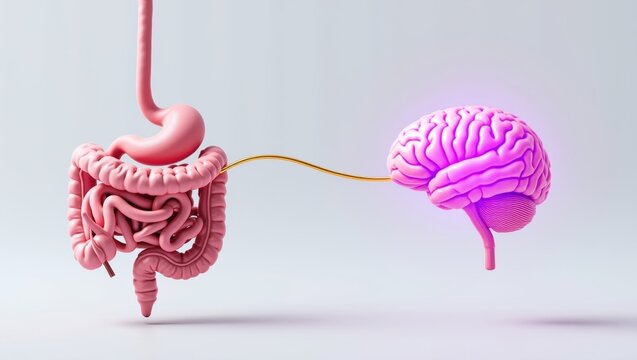 Human digestive system connecting to a glowing brain, illustrating the vital gut brain axis for overall health and wellness