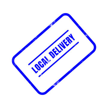 A blue rubber stamp graphic design displays the text local delivery in a simple and clear style on a plain white backdrop