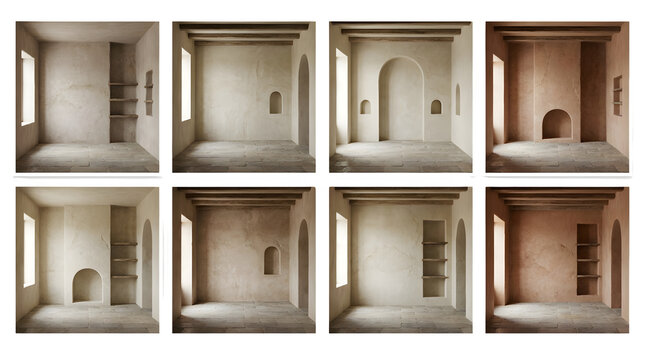 Minimalist wabi-sabi interior mockups, 8 empty room backgrounds with clay plaster walls, mediterranean architectural niches and arches