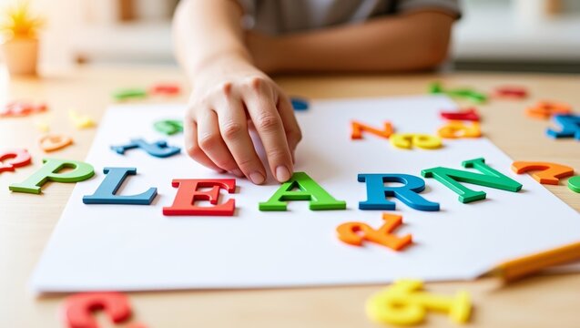 Child's hand arranging colorful alphabet letters spelling LEARN, concept of early education and literacy development