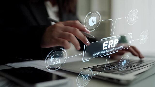 ERP platform visual showing centralized system for enterprise resource planning, improving integration, data flow, business efficiency, finance, inventory, and human resources. Muxer