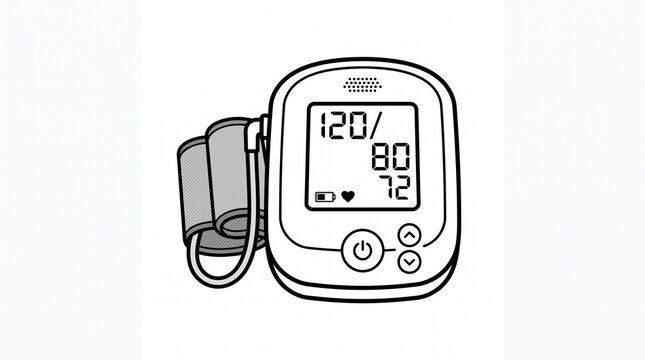 black and white line art digital wrist blood pressure monitor with cuff and display showing 120 over 80 pulse 72 heart icon power button cartoon isolated on white