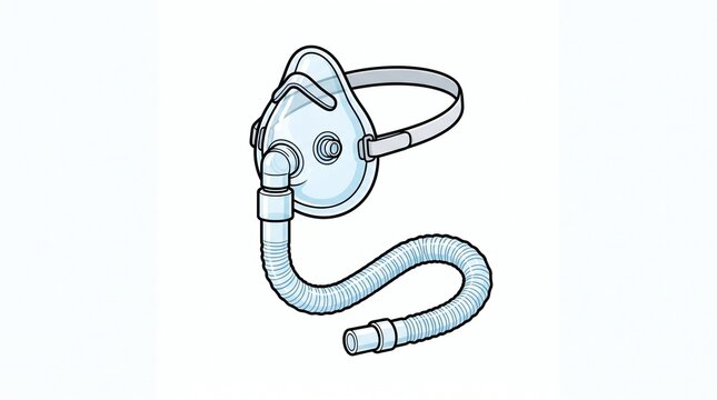 transparent light blue oxygen therapy face mask with elastic head strap and flexible corrugated breathing hose connector respiratory medical equipment cartoon icon isolated on white