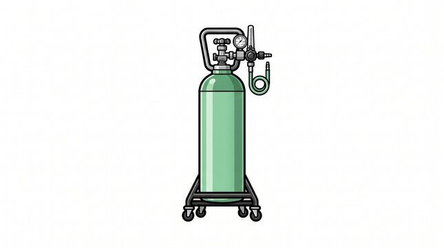green metal medical oxygen gas cylinder tank on wheeled trolley stand with pressure gauge regulator flowmeter and hose connector respiratory support equipment cartoon isolated on white