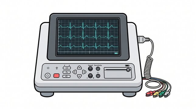 portable gray electrocardiogram machine with display showing blue ECG waveforms control buttons printer slot and multicolor electrode cables cardiac monitoring device isolated on white