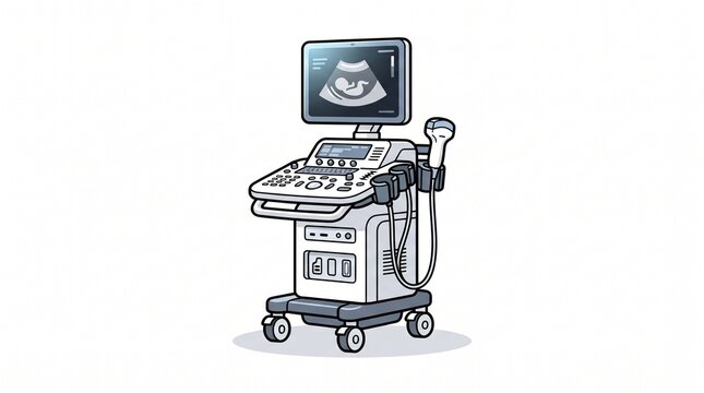 mobile medical ultrasound machine on wheels with monitor displaying fetal sonogram image control panel keyboard and probe transducers diagnostic imaging equipment cartoon isolated on white