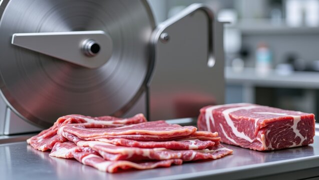 Commercial meat slicer efficiently cutting fresh raw meat into thin slices for deli and culinary preparation
