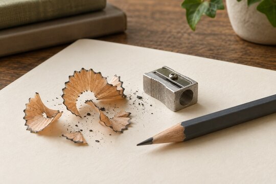 Sharpened graphite pencil with metal sharpener and wood shavings