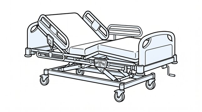 light blue adjustable electric hospital bed with raised backrest side rails wheels and control panel medical patient care furniture cartoon icon isolated on white