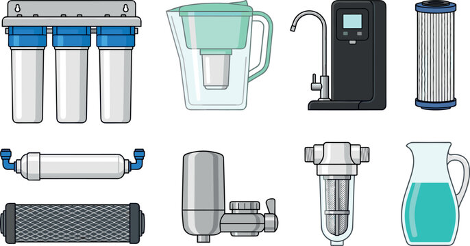 Vector illustration set of household water purification systems including reverse osmosis stage system pitcher filter tap purifier dispenser and replacement cartridges