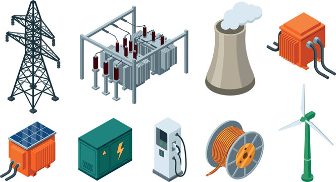 Vector illustration set of isometric electrical power icons featuring transmission tower electrical substation cooling tower generator wind turbine and charger