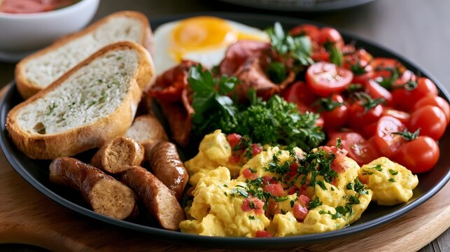 A hearty breakfast platter with scrambled eggs  sliced tomatoes  sausages  bacon  and garlic bread on a wooden board
