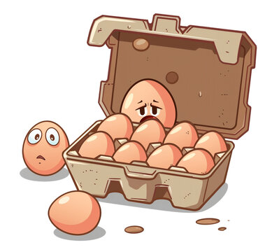 Cute sad egg characters in cardboard egg tray and cracked egg isolated on transparent background