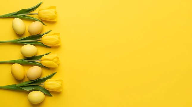 Beautiful bright yellow tulips and colorful easter eggs arranged on a vibrant solid monochromatic background