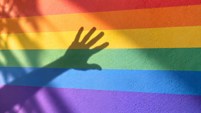Shadow of a Human Hand Reaching Out Against a Vibrant Rainbow Colored Wall Symbolizing Pride Inclusivity and Support for the LGBTQ Community