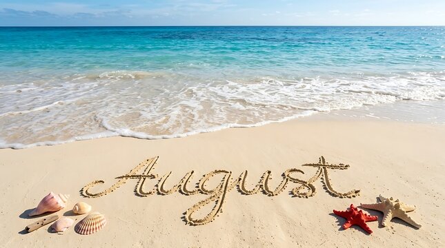 August written in golden tropical beach sand beside colorful seashells and vibrant starfish during daytime sunshine
