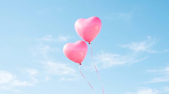 Two vibrant pink heart shaped balloons floating against a bright blue sky on sunny day