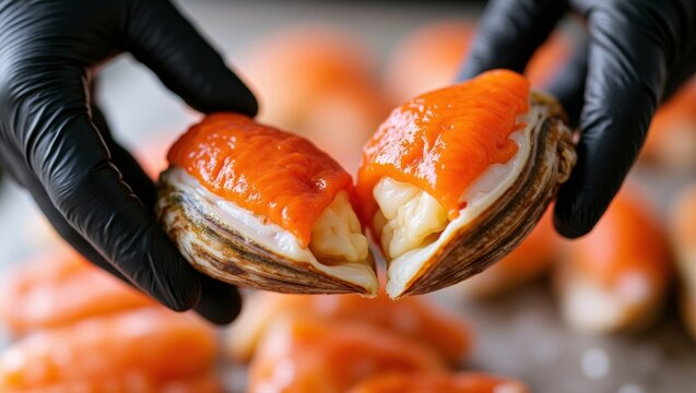 Chef presenting fresh shellfish with vibrant orange roe, showing seafood preparation in black gloves