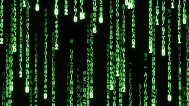 Green digital code characters falling vertically on black background, cyber security and data processing concept