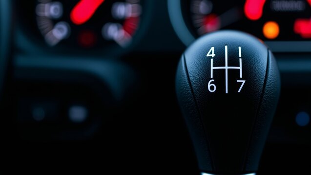 Manual transmission gear shifter knob in modern sports car interior, showing speed and control