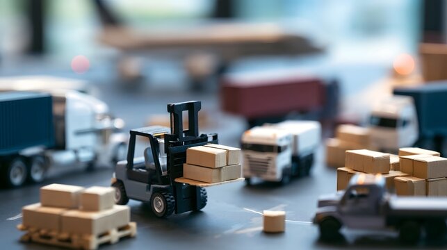 Miniature forklift and trucks handling cardboard boxes in a logistics warehouse setting with blurred background