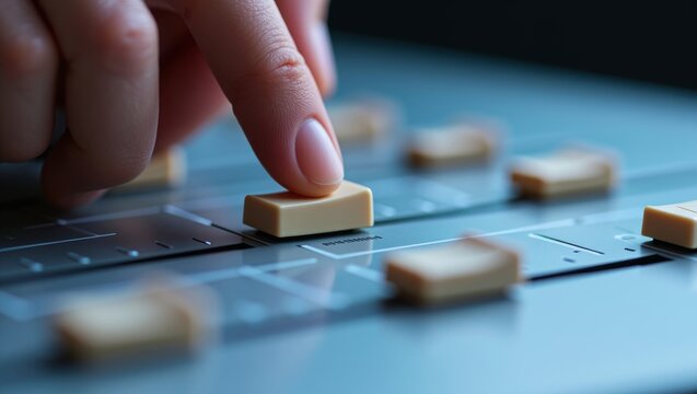 Hand adjusting fader on control panel, fine tuning sound parameters on audio mixing console