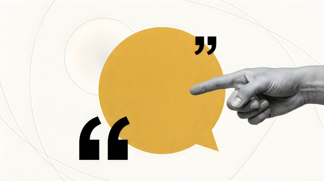 A human hand is shown pointing directly at a bright yellow speech bubble containing quotation marks symbolizing communication and the concept of