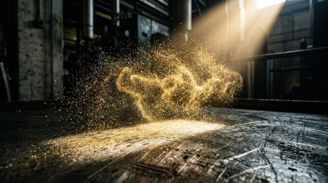 Abstract golden particles swirling in a dark industrial workshop illuminated by a dramatic shaft of sunlight from above