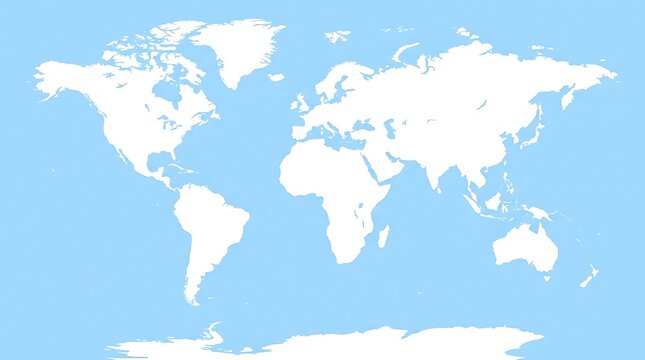 Detailed world map illustration featuring clean white continents against a vibrant and solid light blue background