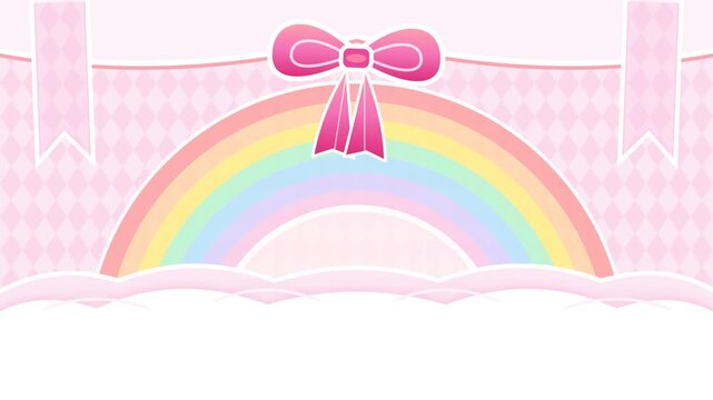 Cute pastel background with a rainbow and a pink ribbon bow illustration.