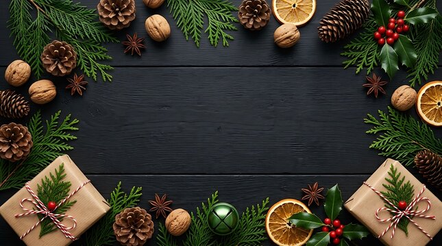 Festive christmas background featuring wooden planks with pinecones nuts dried orange slices and holiday gifts