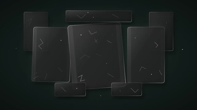 Dark glassmorphism ui cards floating with abstract white vector elements