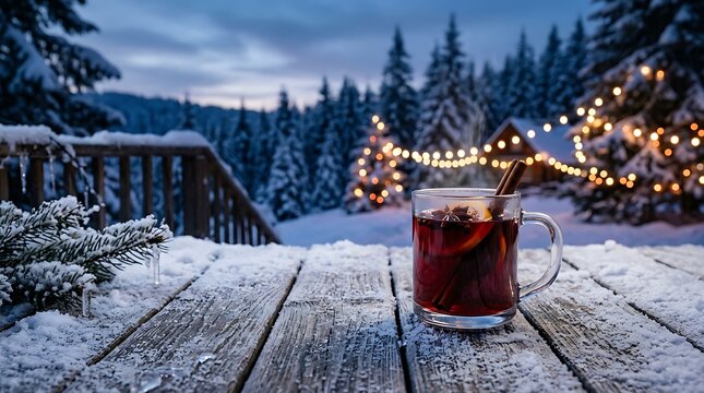 Hot mulled wine mug on a snow covered wooden deck by a decorated forest