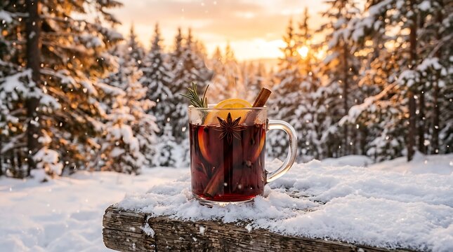 Mulled wine in a glass mug on a snow covered table in the winter forest