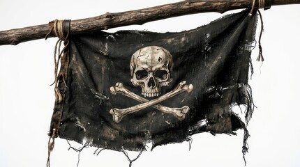 Fototapeta premium Old weathered pirate flag with skull and crossbones hanging on a wooden stick