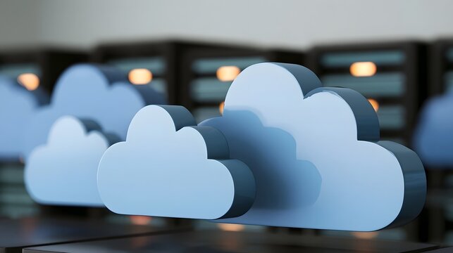 Modern cloud computing infrastructure with stylized blue cloud icons in front of server racks in a data center