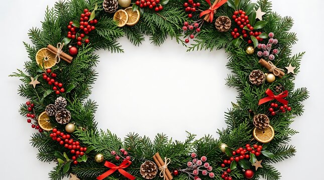 Festive christmas wreath decorated with green leaves berries cinnamon