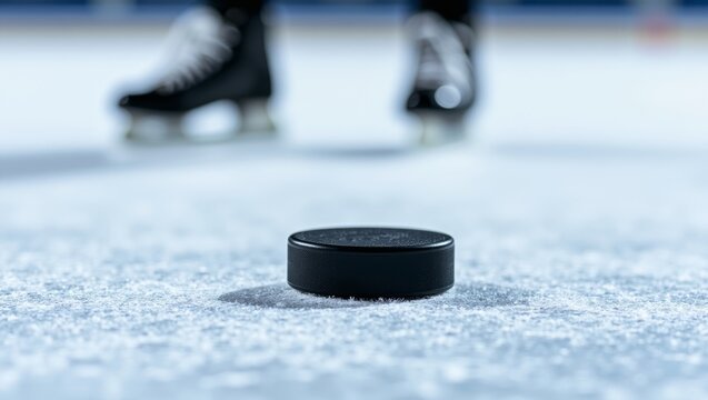 Hockey puck resting on ice, player's skates waiting in background, preparing for game start